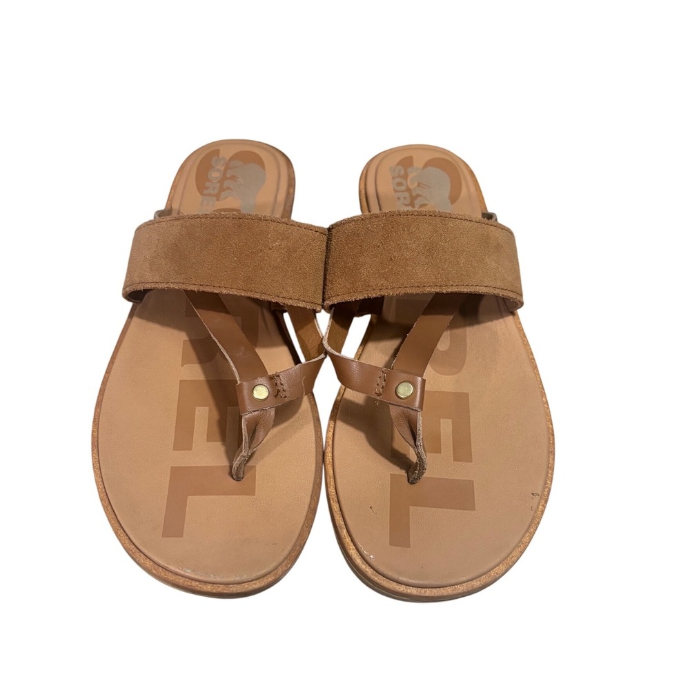 Sorel Ella II Sandal Womens 7.5 Velvet Tan Leather Suede Thong Slide LL6037-242 - Picture 1 of 5